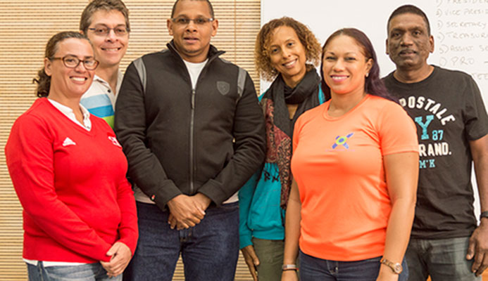 Newly elected president of the T&T Triathlon Federation, Paul Hee Houng, third from left, with other members of the new team including Karen Araujo (secretary), from left, treasurer Kyle Rudden, Lara Baden-Semper (Trustee), Riana Harrinauth (vice president), Sham Seejattan. Missing is Kiyomi Rankine (public relations officer). This was at annual general meeting of the TTTF at the Cycling Velodrome in Couva on Sunday.