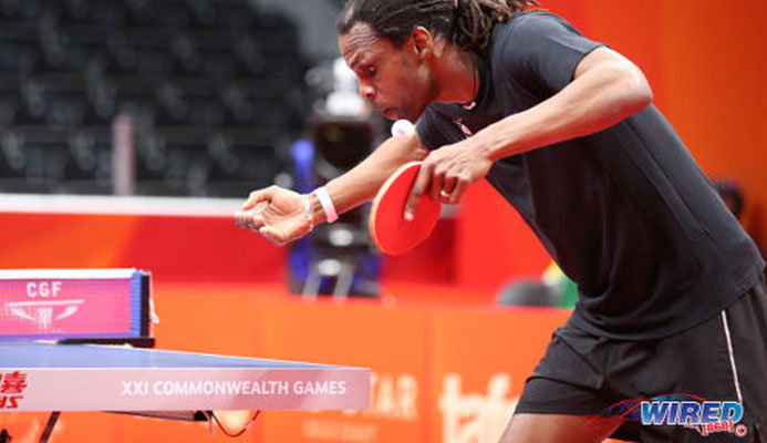 Photo: Dexter St Louis serves during a table tennis contest with Northern Ireland at the Gold Coast 2018 Commonwealth Games on 6 April. (Copyright Allan V Crane/CA-Images/Wired868)