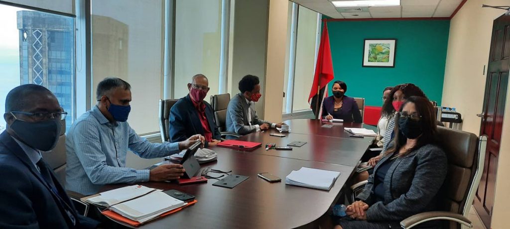 Minister of Sport and Community Development Shamfa Cudjoe, centre, and ministry officials meet with TTOC president Brian Lewis (top left) and SporTT chairman Douglas Camacho, CEO Jason Williams and NAAA president Ephraim Serrette, on Monday, at Nicholas Tower, Port of Spain. -