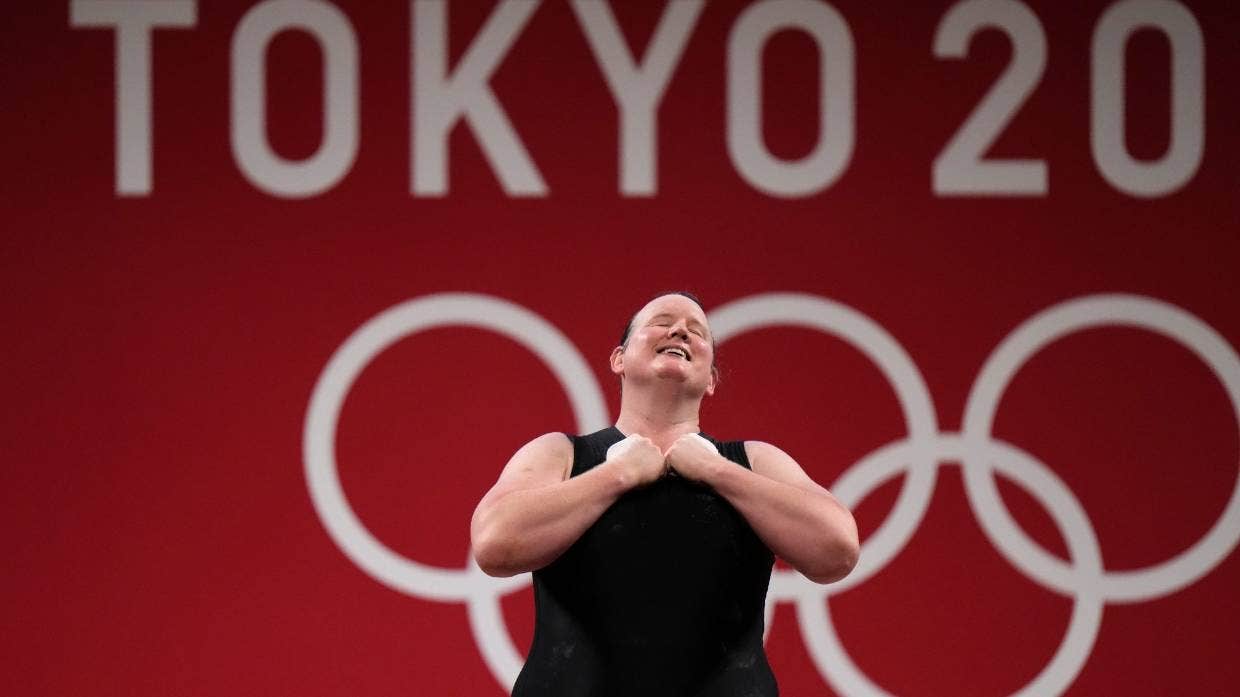 Laurel Hubbard of New Zealand says thank you and bows after a lift at the Tokyo Olympics in August.