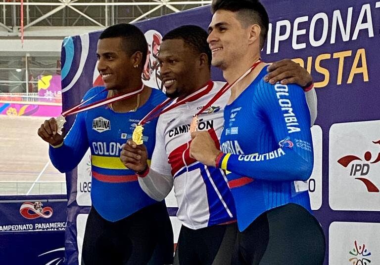 TT's Nicholas Paul, centre, atop the Pan American Track Cycling Championships podium for the second day in a row on Thursday, after winning the men's keirin event in Lima, Peru. - Courtesy TTCF (via: newsday.co.tt)