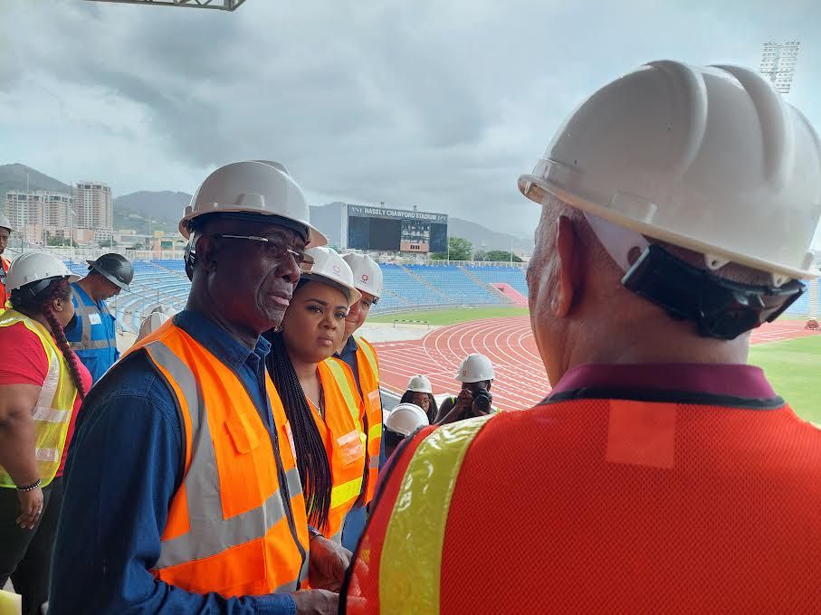 FLASHBACK: UdeCott Chairman Noel Garcia, right, chats with Prime Minister Dr Keith Rowley, left, and Minister of Sports and Youth Affairs Shamfa Cudjoe during the tour of the Hasely Crawford Stadium, Woodbrook, Port-of-Spain, June 3 2023.  KERWIN PIERRE (Image obtained at guardian.co.tt)