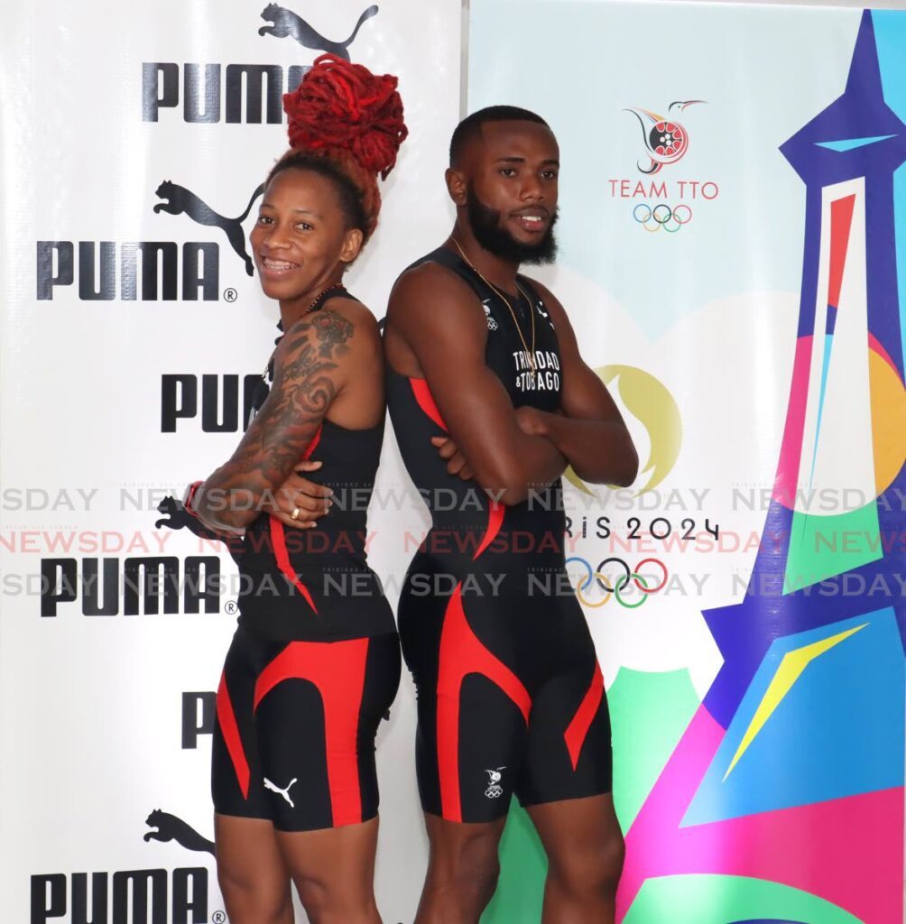 Michelle-Lee Ahye and Elijah Joseph model their competitive wear at the Official Paris 2024-TeamTTO Puma Gear Reveal at the Olympic House, Woodford Street, Port of Spain on July 12. - Faith Ayoung (Image obtained at newsday.co.tt)