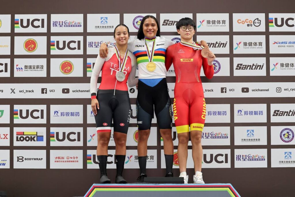 TT cyclist Makaira Wallace, left, stands on the podium after grabbing a silver medal in the women's 500-metre time trial at the 2024 UCI Junior Track World Championships in Luoyang, China on August 24. - Photo courtesy UCI's Facebook page (Image obtained at newsday.co.tt)