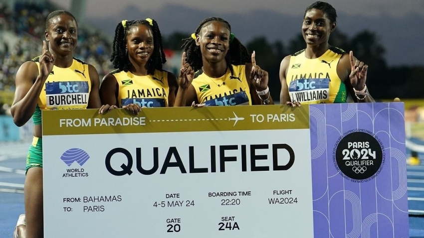 Remona Burchell, Tia Clayton, Alana Reid and Jodean Williams after qualifying for Paris on Sunday. (Image obtained at sportsmax.tv)