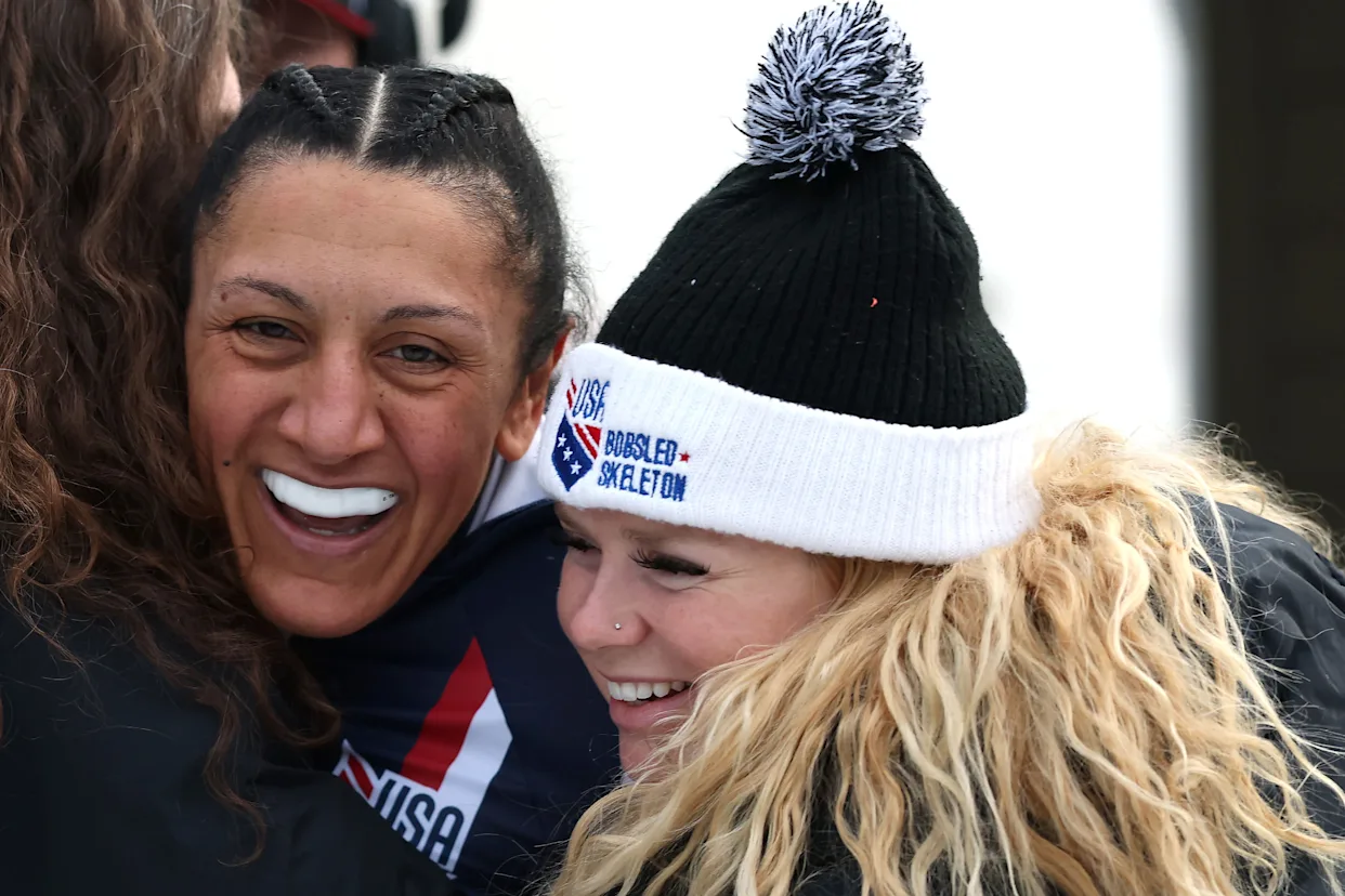 Elana Meyers Taylor celebrates after winning the bronze medal at the 2025 IBSF World Championships. (Al Bello/Getty Images) (Image obtained at yahoo.com)