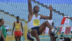 Andwuelle Wright from Signal Hill jumps his way to a new national men's long jump record at the 2018 NGC/Sagicor National Open Championships at the Hasely Crawford stadium in Port of Spain, last year. PHOTO BY ANDRE DE GANNES Andwuelle Wright from Signal Hill jumps his way to a new national men's long jump record at the 2018 NGC/Sagicor National Open Championships at the Hasely Crawford stadium in Port of Spain, last year. PHOTO BY ANDRE DE GANNES