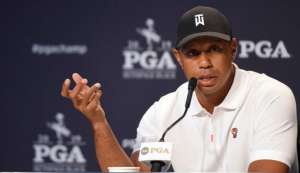 May 14, 2019; Farmingdale, NY, USA; Tiger Woods addresses the media during a press conference before the PGA Championship golf tournament at Bethpage State Park - Black Course. Mandatory Credit: John David Mercer-USA TODAY Sports May 14, 2019; Farmingdale, NY, USA; Tiger Woods addresses the media during a press conference before the PGA Championship golf tournament at Bethpage State Park - Black Course. Mandatory Credit: John David Mercer-USA TODAY Sports