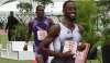 Jereem Richards eases up at the finish -line to win the men’s 200 metres title from the 2018 winner and Abilene Wildcats clubmate Kyle Greaux at the NGC/NAAATT National Open Championships at the Hasely Crawford Stadium, Mucurapo, yesterday. Richards clocked 20-14 seconds and Greaux 2018 with Akanni Hislop of Kaizen Panthers third in 20.68 seconds. Jereem Richards eases up at the finish -line to win the men’s 200 metres title from the 2018 winner and Abilene Wildcats clubmate Kyle Greaux at the NGC/NAAATT National Open Championships at the Hasely Crawford Stadium, Mucurapo, yesterday. Richards clocked 20-14 seconds and Greaux 2018 with Akanni Hislop of Kaizen Panthers third in 20.68 seconds.